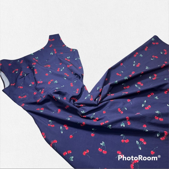Navy Cherry Print Fit and Flare Pinup Swing Dress Medium? - Picture 3 of 7